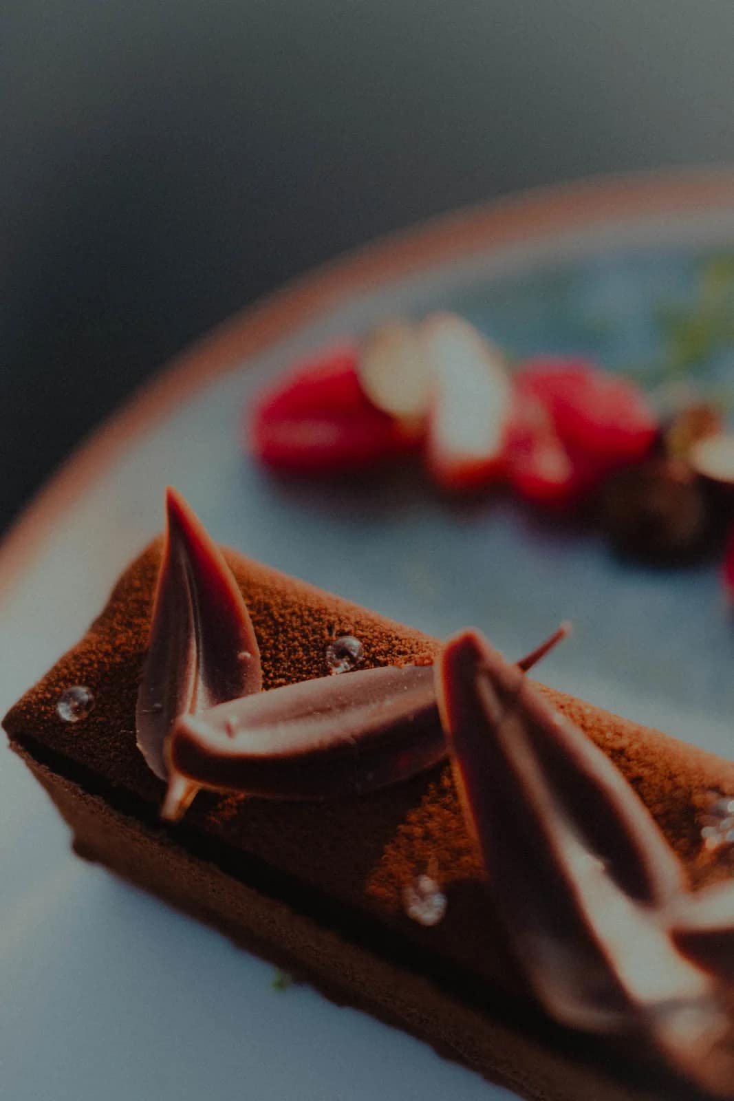 Entremets au chocolat poudré de cacao, éclats de chocolat et fruits rouges